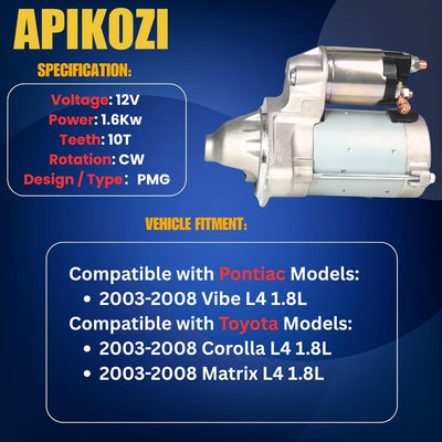 17841N Starter Fit for Toyota Corolla, Matrix, Vibe, 1.8L L4 2003-2008 28100-0D080, 28100-22090, 428000-0340, 428000-0341, 428000-1311